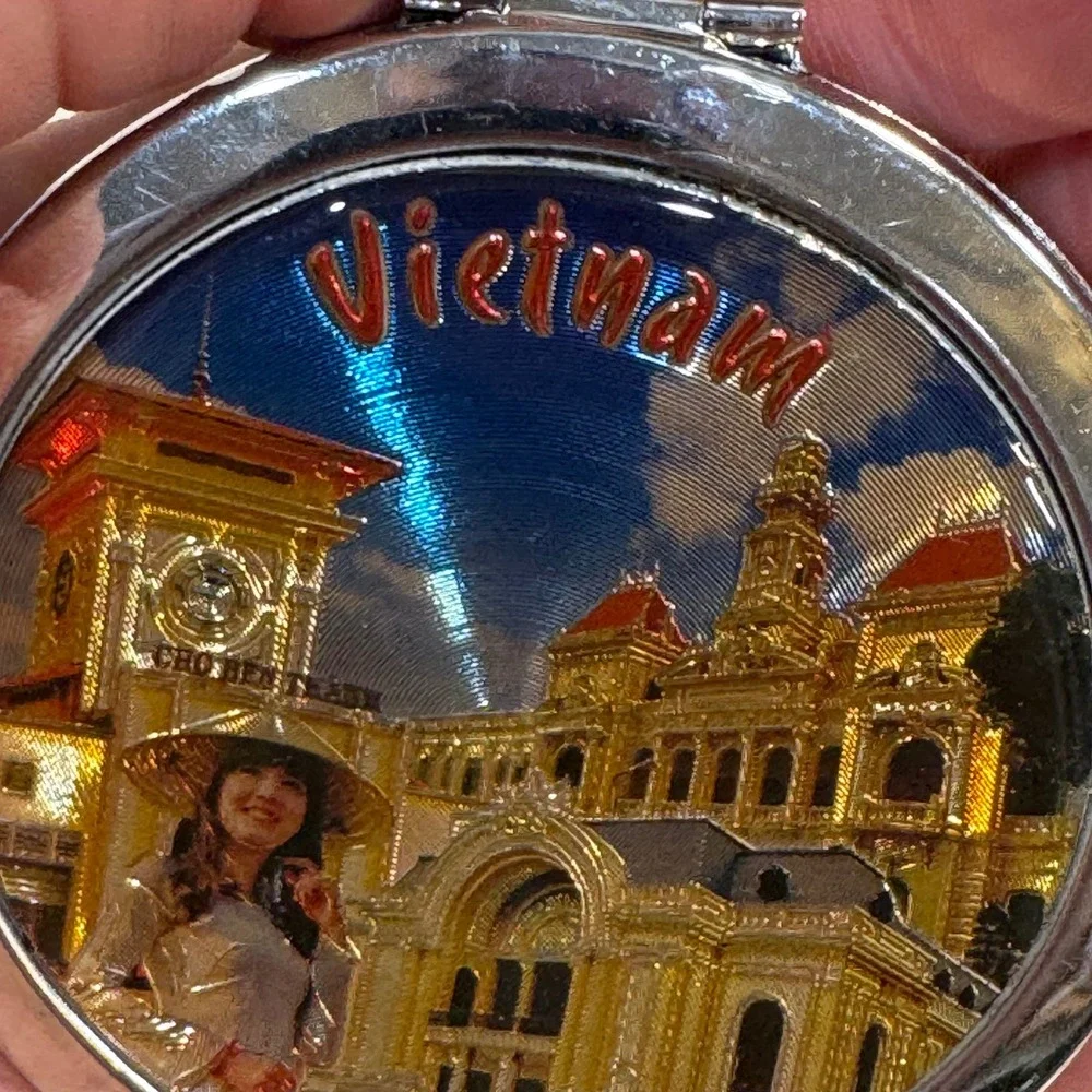 Vietnam Souvenir Compact Mirror Silver Tone Folding Dual Mirror 3D Relief Art